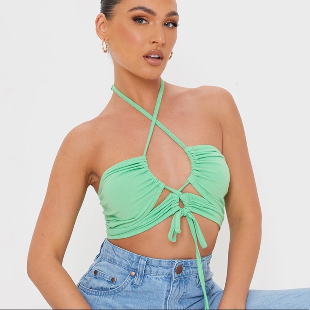 PLT Green Cotton Ruched Cut Out Halter Crop